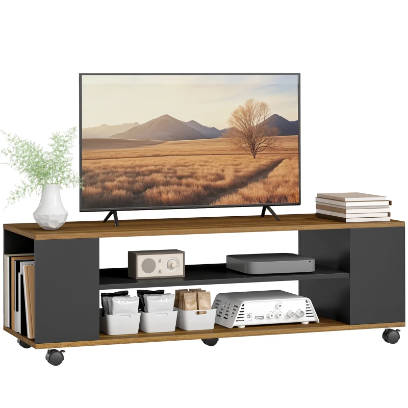 HOMCOM Wandhängendes oder stehendes TV-Möbel mit Rollen 4 Regalböden für Fernseher bis 139,7 cm 120x40x38,5 cm Nussbaum und Matt-Schwarz