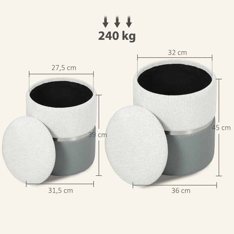 HOMCOM 2er-Set Stauraum-Poufs bezogen mit Chenille und PU Gepolsterter Sitz für Flur Schlafzimmer Grau und Creme