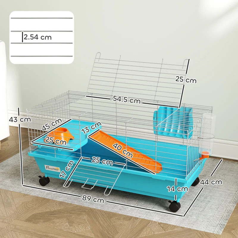 PawHut Cușcă pentru Animale Mici cu Roți Sticlă Bol Distribuitor de Fân pentru Iepuri și Porcușori de Guineea 89x44x43 cm Albastru
