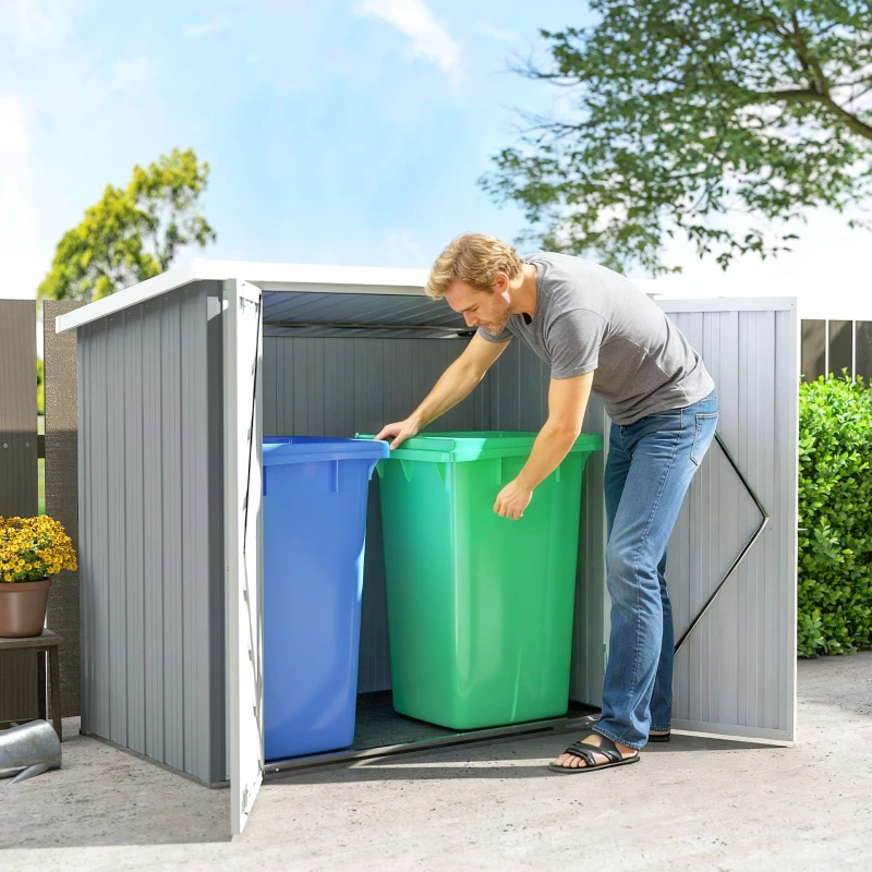 Outsunny Gartenschuppen Gartenhaus 1,09 m² 2 abschließbare Türen 147 x 86 x 134 cm Stahlblech Hellgrau Weiß