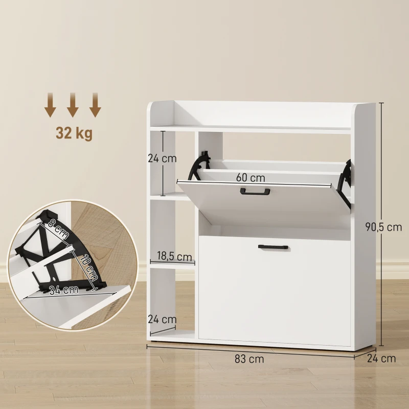 HOMCOM Meuble à chaussures Slim avec 2 tiroirs basculants et 3 compartiments ouverts, capacité 15 chaussures, 83x24x90,5 cm, Blanc