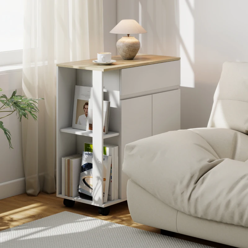 HOMCOM Küchenwagen mit Schublade, Schrank und 2 seitlichen Ablagen, aus Holz, 78x39.5x88.5 cm, Weiß und Eiche