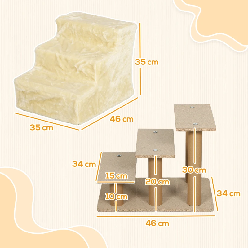 PawHut Escalier pour chiens à 3 marches avec housse amovible et lavable Rampe pour chiens pour lit canapé 46x35x35 cm Beige