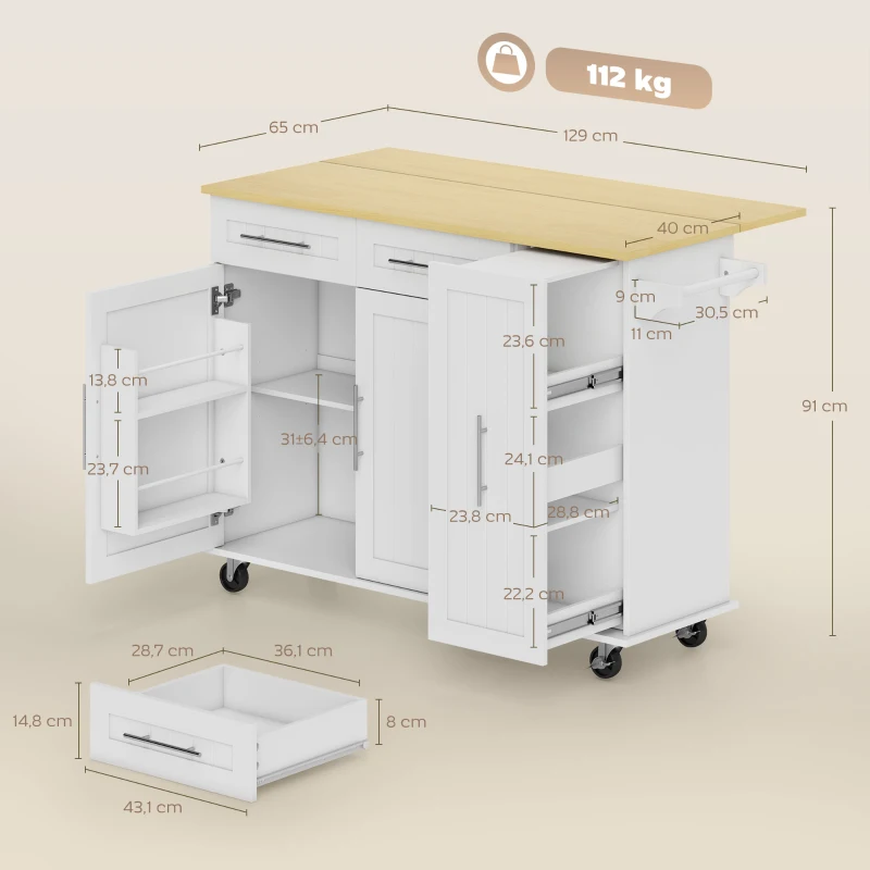 HOMCOM Îlot de cuisine mobile, surface extensible, portes d'armoire, tiroirs, porte-serviettes, chariot de cuisine en MDF, Blanc