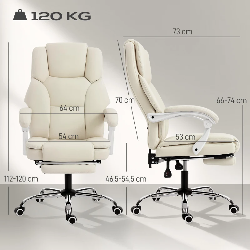 HOMCOM Scaun de birou ergonomic, fotoliu de birou cu spătar înclinat, înălțime reglabilă, 64x73x112-120cm, bej