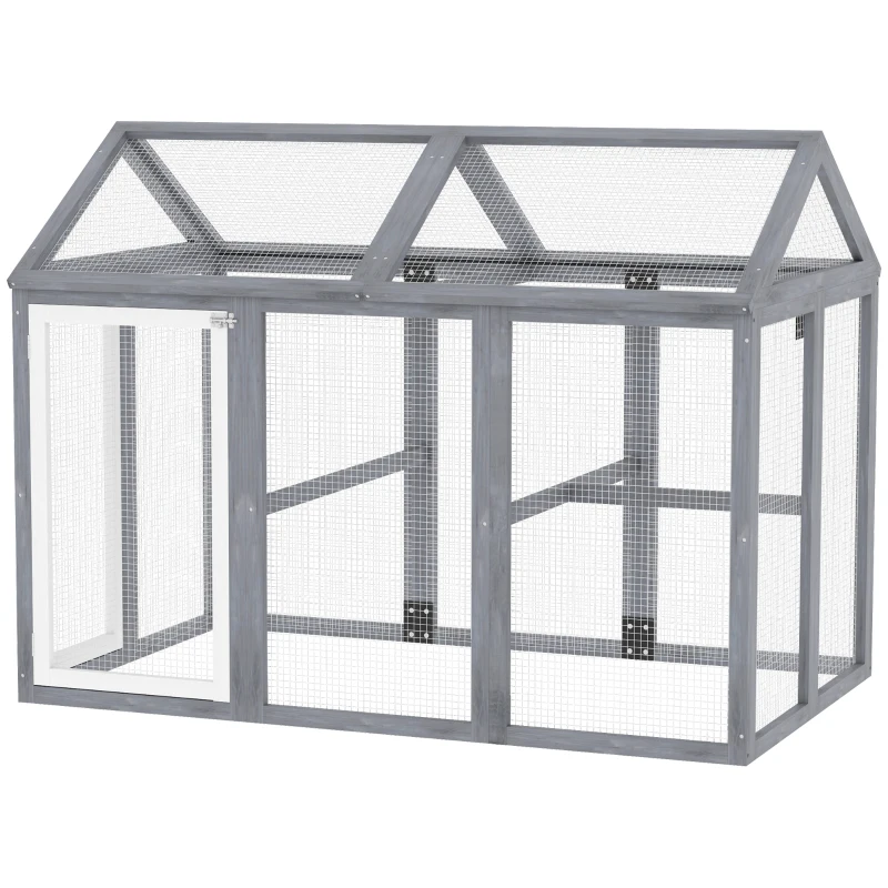 PawHut Incintă pentru găini 1,18 m², parc cu plasă și uși cu închidere, cadru din lemn masiv, 140 x 88,5 x 106 cm, gri