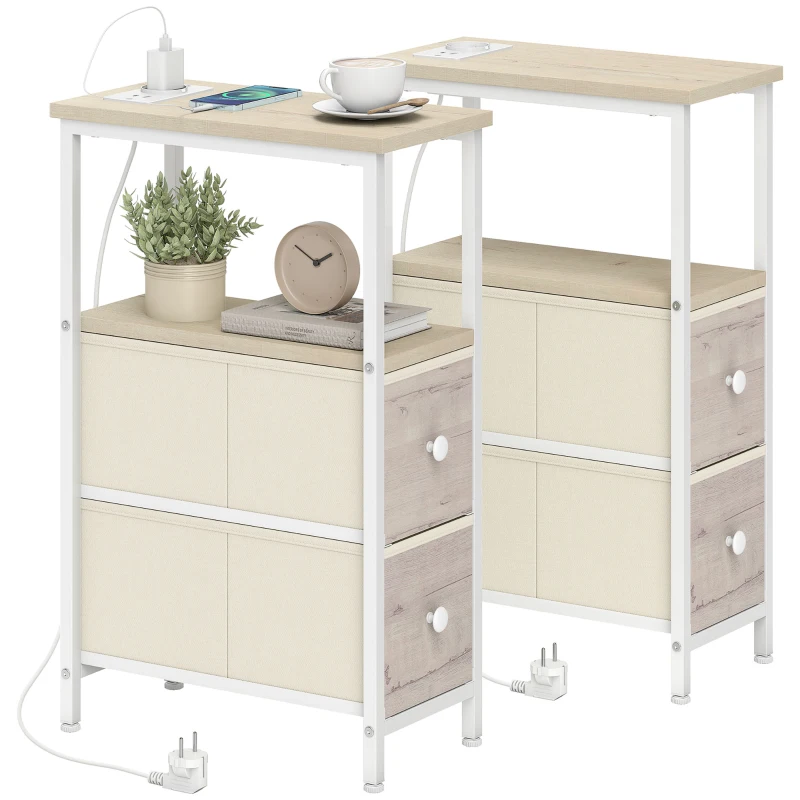 HOMCOM Lot de 2 Tables d'Appoint Étroites avec Prise CA Port USB Port USB-C 2 Tiroirs en Tissu Bois naturel