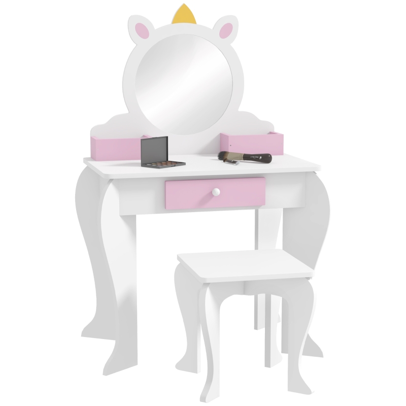 ZONEKIZ Coiffeuse enfant avec tabouret et miroir Coiffeuse pour filles avec tiroir compartiments design licorne blanc