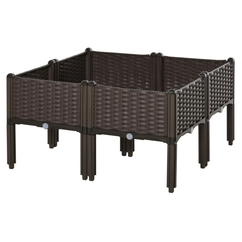 Outsunny Set di 4 Pezzi Fioriera Rialzata con Fori di Drenaggio, Effetto Rattan, 40x40x44 cm, Marrone