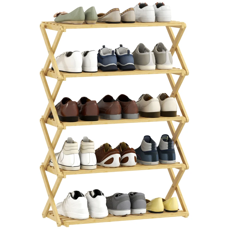 HOMCOM Range-chaussures étroit en bambou Range-chaussures vertical pliable à 5 niveaux Sans installation Natural