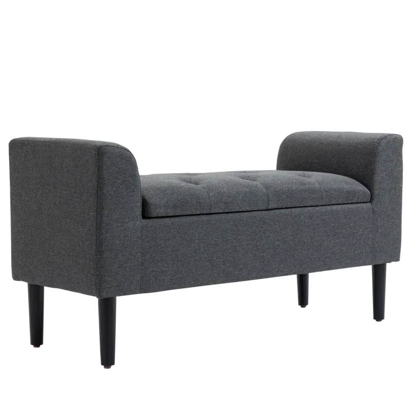 HOMCOM Panca Imbottita con Contenitore, Gambe in Legno, Portata fino a 130 kg, per Soggiorno, Camera e Ingresso, Effetto Lino, 116x44x58 cm, Grigio Scuro