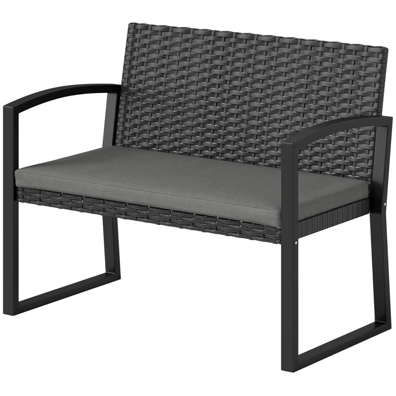 Outsunny Banc de grădină 2 locuri, banc de exterior din resină împletită PE cu pernă, oțel galvanizat, 103x58x78cm, gri și negru