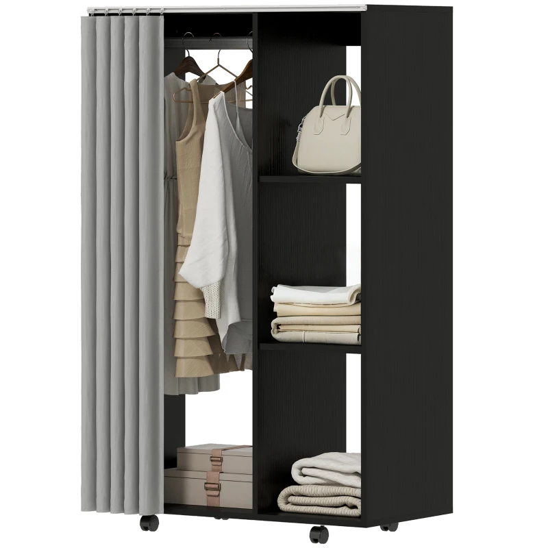 HOMCOM Mobiler Kleiderschrank mit 4 Rollen, Kleiderstange und offenen Regalen, 80 x 40 x 128 cm, schwarz