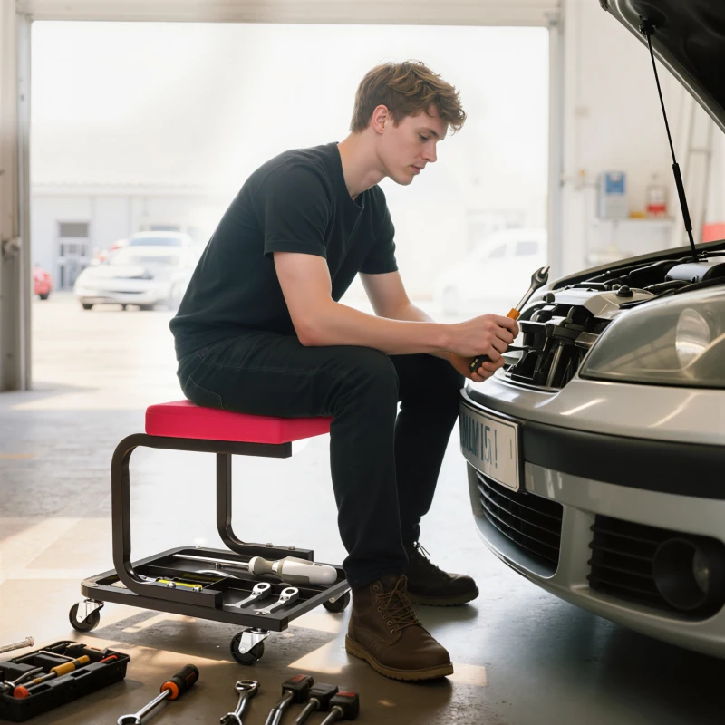 HOMCOM Mechanikerhocker, mobiler Werkstatthocker, Traglast 135 kg, Ablagefach für Werkzeuge, Rollen inklusive, 36,5 x 33,5 x 35 cm, rot
