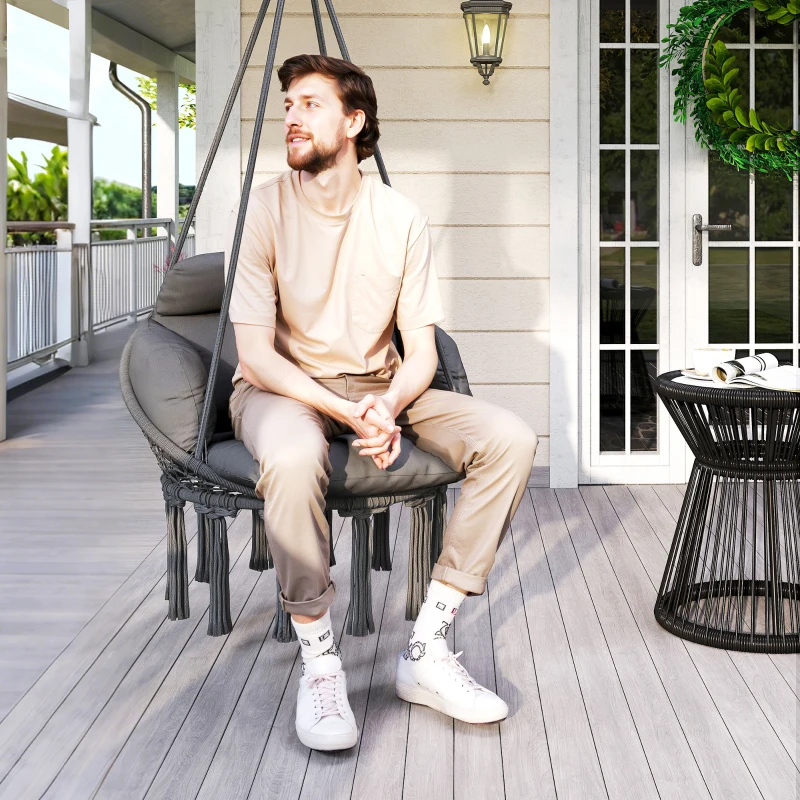 Outsunny Scaun suspendat cu pernă mare umplută hamac fotoliu suspendat cu franjuri kit de suspendare 80 x 60 x 40 cm gri închis