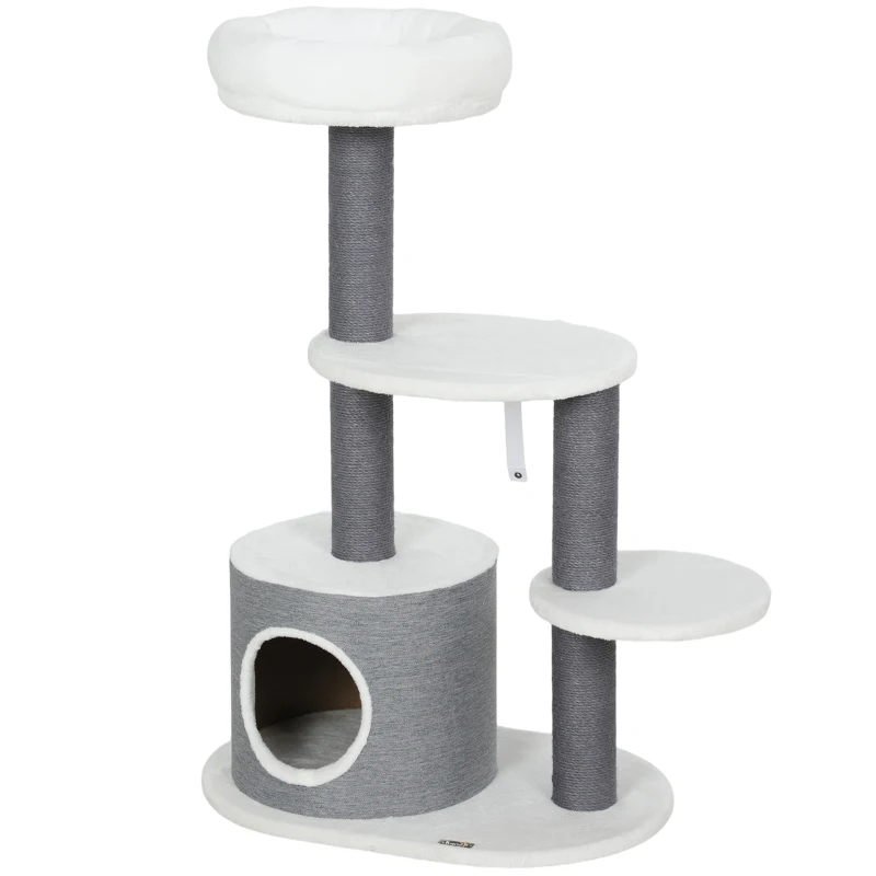 PawHut Arbre à chat avec 1 niche, 1 lit pour chat, 2 plateformes, poteaux en corde de jute, Blanc + Gris