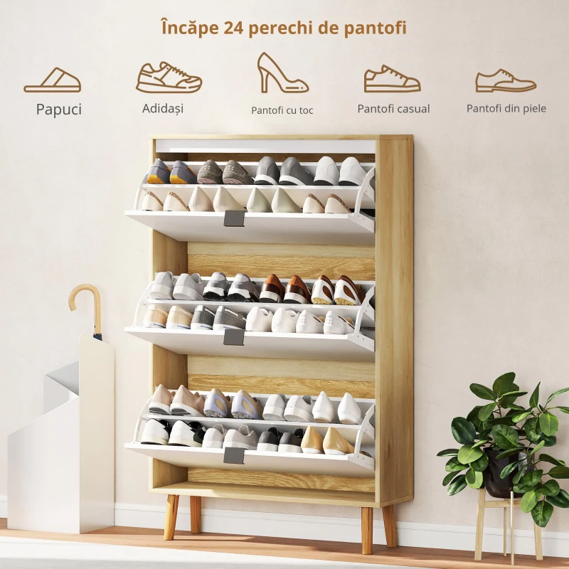 HOMCOM Dulap Slim Modern pentru Pantofi, cu 3 Sertare Rabatabile pentru 24 de Perechi, 80x24x127 cm, Alb