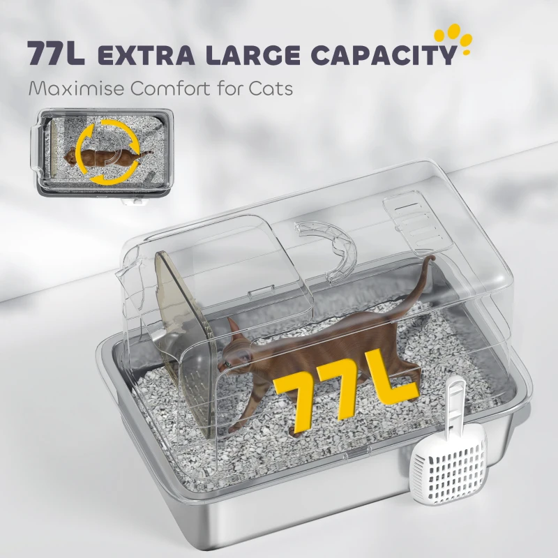 PawHut Stainless Steel Cat Litter Box with Removable Lid, Scoop, Filter Bags, for Large Cats, White