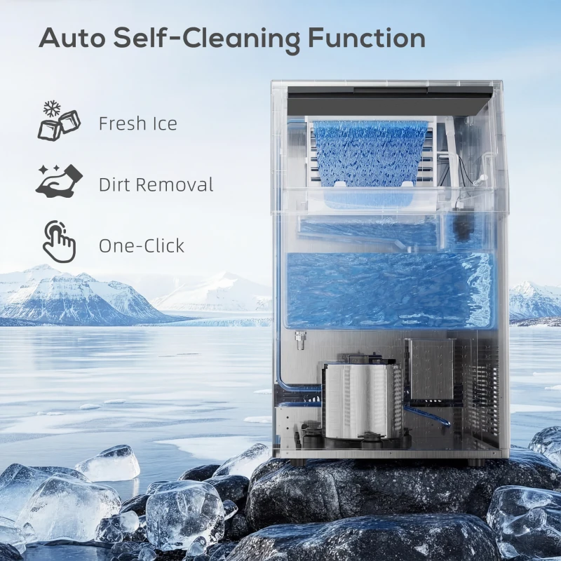 HOMCOM Komercyjna Maszyna do Lodu 45 kg/24H, Stal Nierdzewna, 15 kg Pojemności, Funkcja Samoczyszczenia, Srebrna