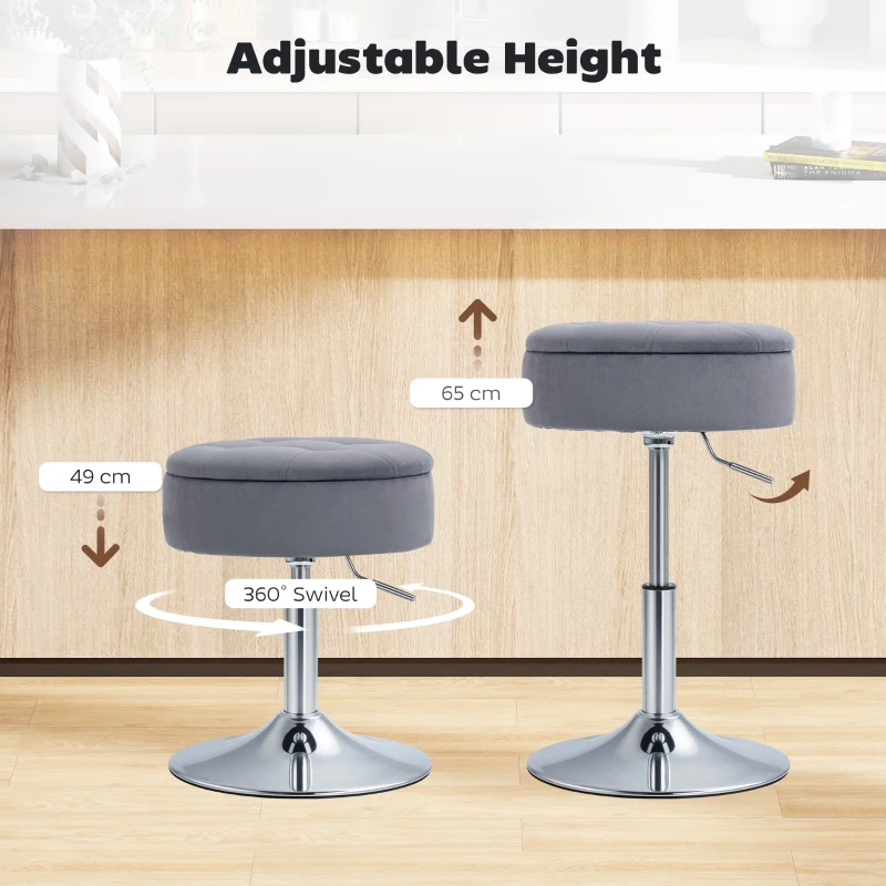 HOMCOM Taboret barowy z przestrzenią do przechowywania, Obrotowy, Regulowany kuchenny hoker z aksamitnym pokryciem, 39x39x65 cm, Szary