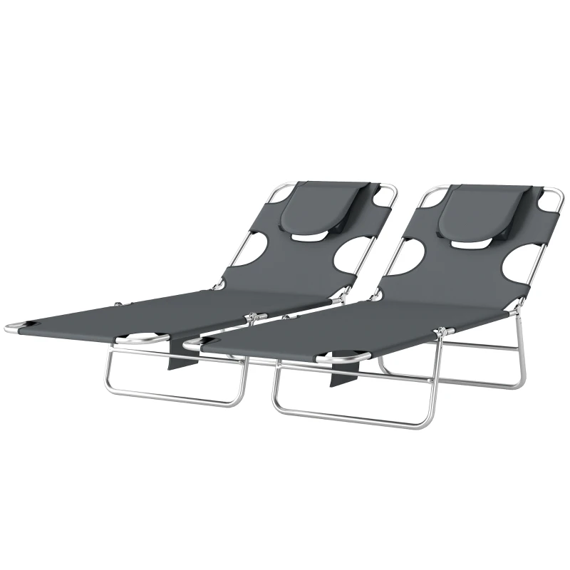 Outsunny 5-Position Adjustable Sun Loungers Set of 2 with Reading Hole and Side Pocket, Dark Grey