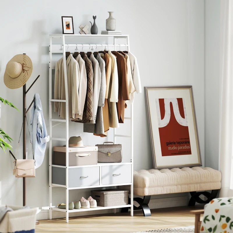 HOMCOM Cuier pentru pantofi cu spațiu pentru pantofi, cârlige, sertare, bară și raft pentru intrare, hol, living 80x30x180,5 cm Alb