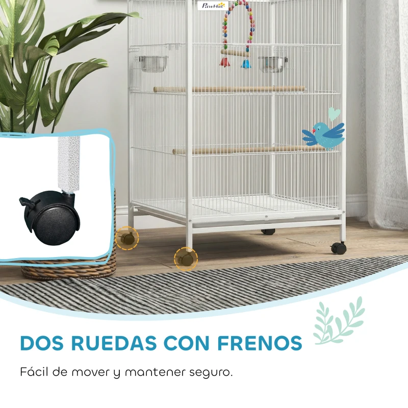 PawHut Jaula para Pájaros con Ruedas con Comederos Perchas Columpio y Bandeja Extraíble 48x46x78 cm Blanco