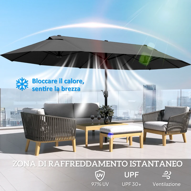 Outsunny Ombrellone da Giardino Doppio con Apertura a Manovella, in Acciaio e Poliestere, 455x265x238cm, Nero