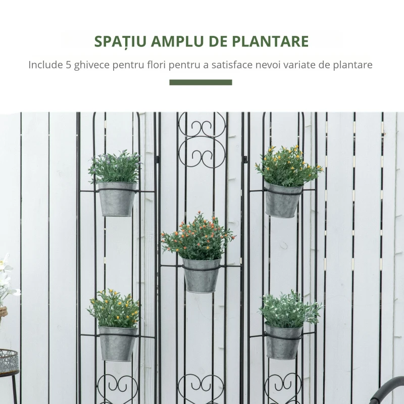 Outsunny Suport vertical pentru plante, pliabil cu 5 ghivece pentru exterior, din metal, 82x12.5x150cm, negru