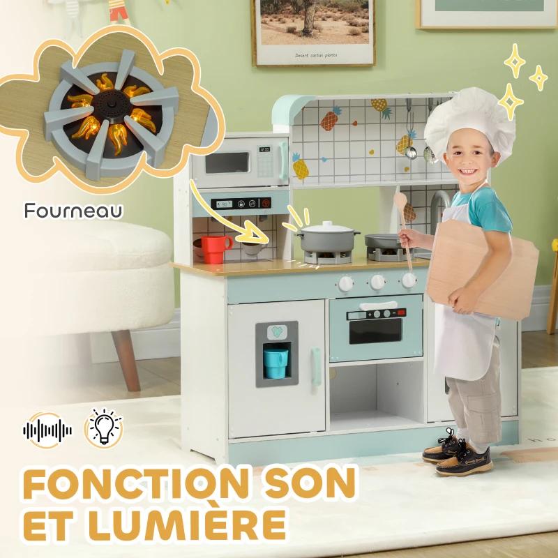 AIYAPLAY Cuisine enfant jouet d'imitation, dinette enfant avec lumières et sons réalistes, 88,6 x 31,7 x 90,4 cm, blanc