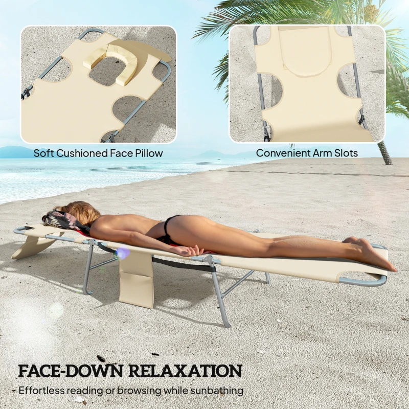 Outsunny 5-Position Adjustable Sun Loungers Set of 2 with Reading Hole and Side Pocket, Beige