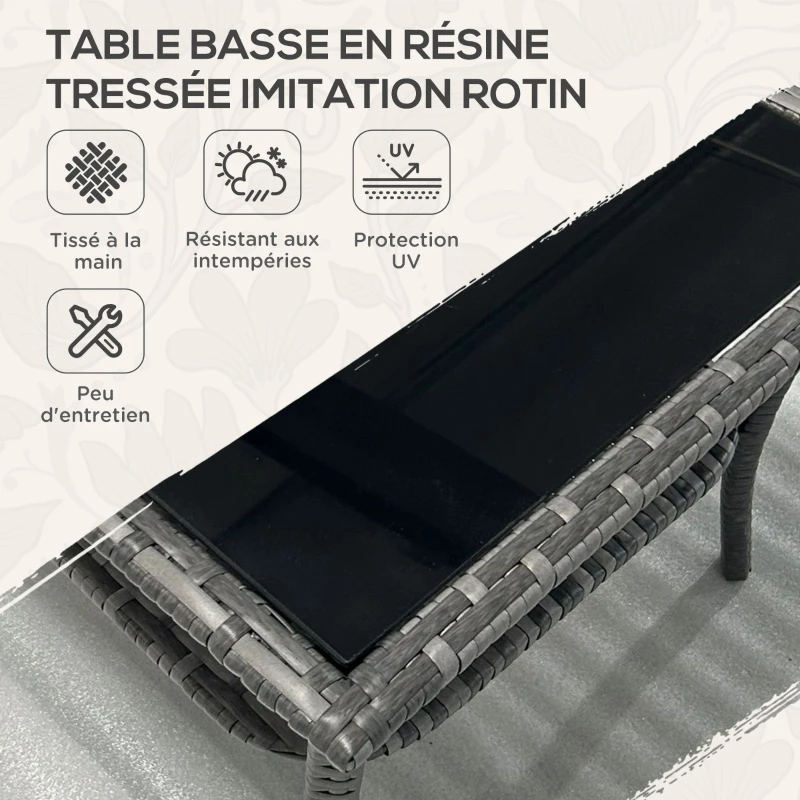 Outsunny Table d'appoint en résine tressée 2 niveaux 50x50x45cm, table basse de jardin carrée plateau en verre trempé, gris