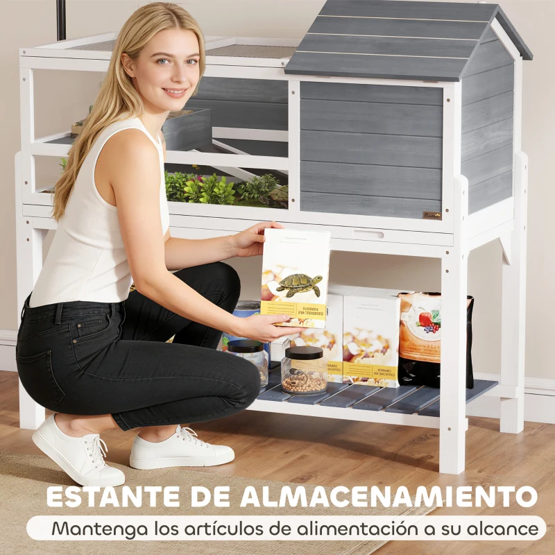 PawHut Casa para Tortugas de Madera con Soporte para Lámpara Ajustable Techos Abatibles Bandeja Extraíble y Estante Inferior