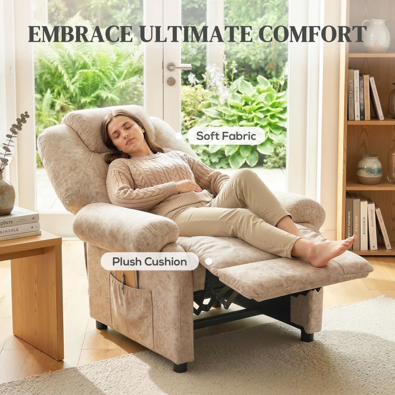 HOMCOM Fotoliu Relax Rabatabil Manual din Material Textil cu Suport pentru Picioare Extensibil și Buzunar Lateral, Bej