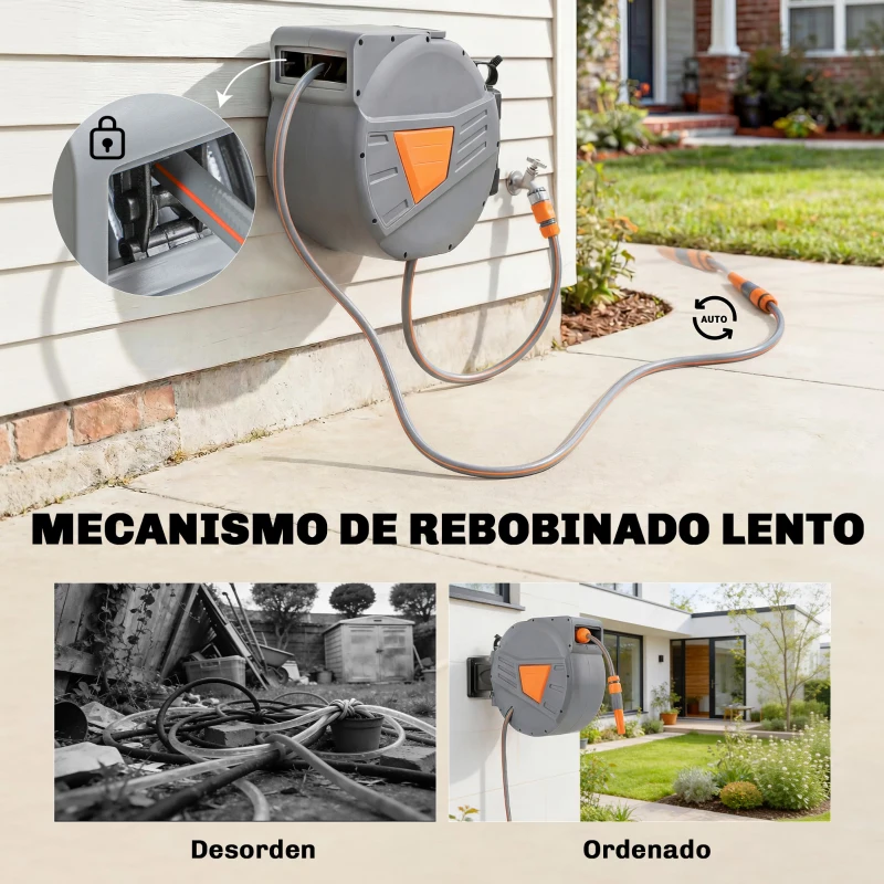 Outsunny Carrete de Manguera Retráctil 20+1,6 m con Boquilla de 2 Modos Bloqueo Automático Retracción Controlada Soporte Naranja