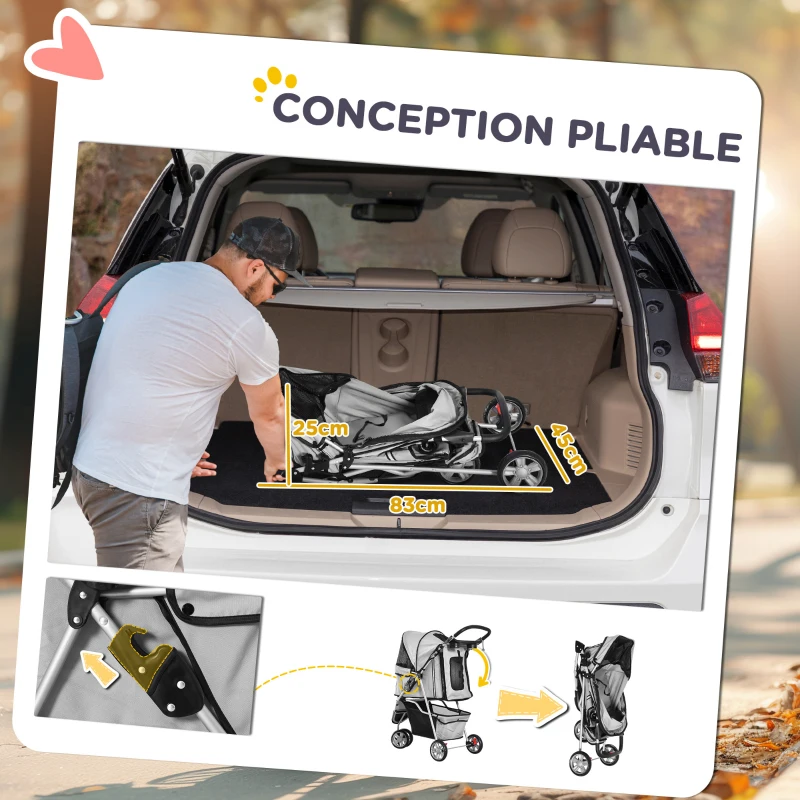 PawHut Poussette buggy pliable animaux, chariot pliant chien chat, porte-gobelet panier de rangement inclus, roues avec frein, tissu 600D Oxford acier, 75 x 45 x 97 cm gris(m-5)
