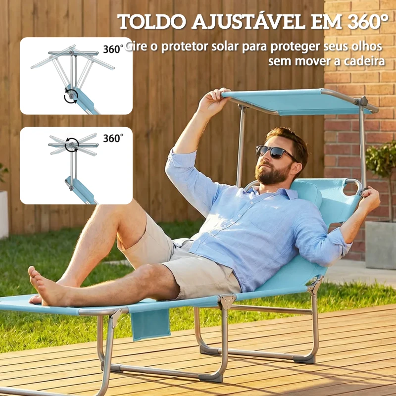 Outsunny Conjunto de 2 Espreguiçadeiras Dobráveis com Dossel 360° Encosto 5 Posições Orifício Facial 188x56x27 cm Azul Claro
