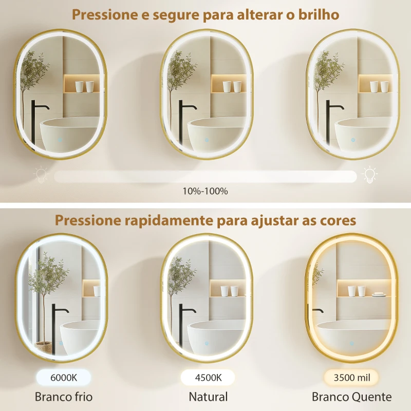 HOMCOM Armário de Casa de Banho com Espelho e Luzes LED de 3 Cores Armário de Parede Oval com Memória e Função Antivapor Dourado