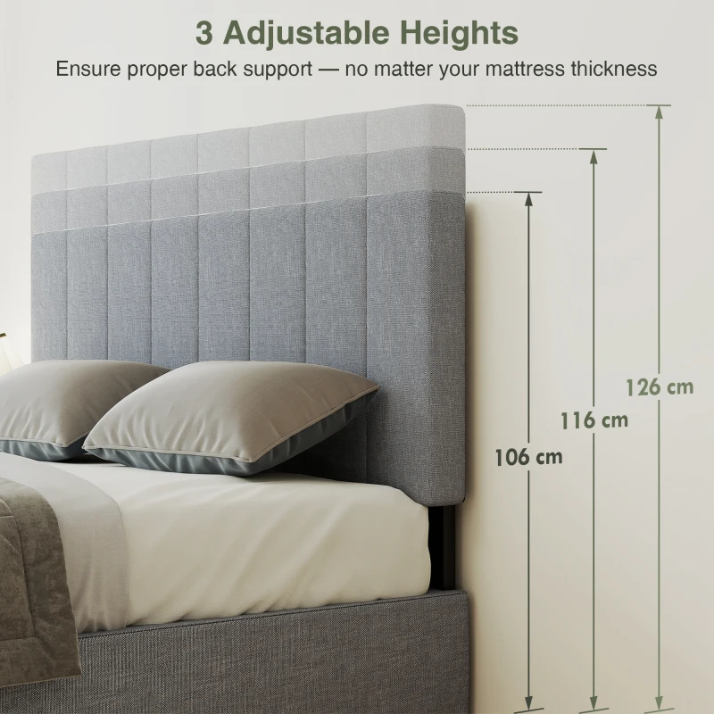 HOMCOM Zagłówek z regulacją wysokości na trzech poziomach, tapicerowany, z metalowymi nogami, w wyglądzie lnu do sypialni, 160x10x106/116/126 cm, Szary