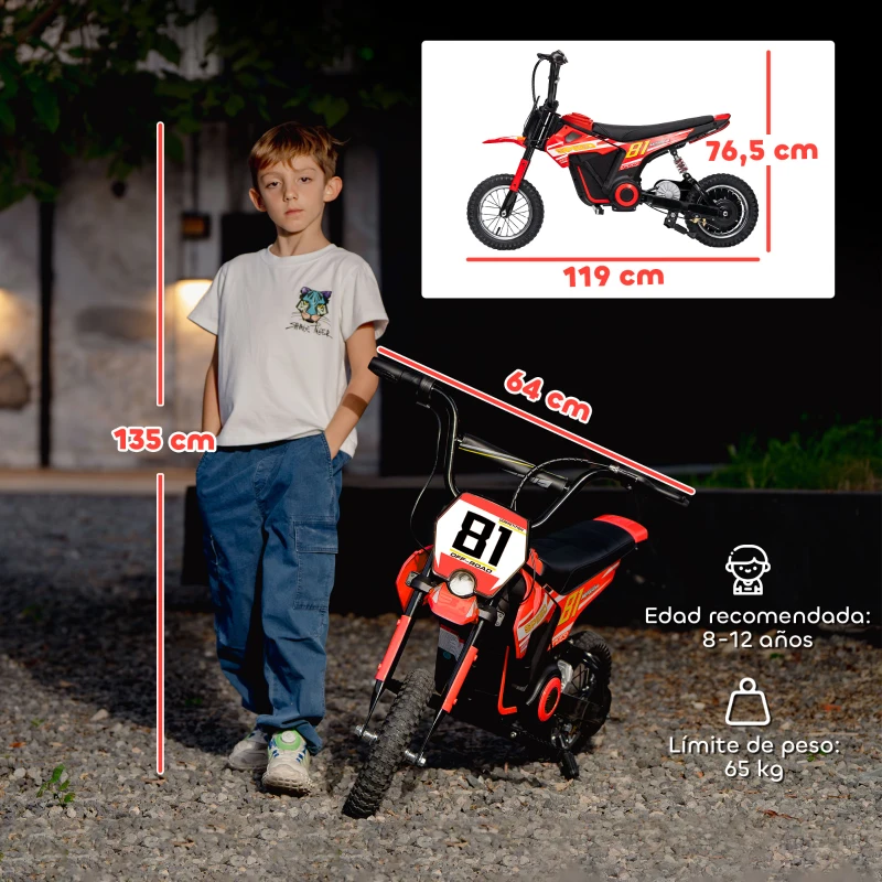 AIYAPLAY Kinder-Elektromotorrad 24V mit 250W Motor Geschwindigkeit 6-16 km/h Räder Ø30,48 cm für Kinder 8-12 Jahre Rot