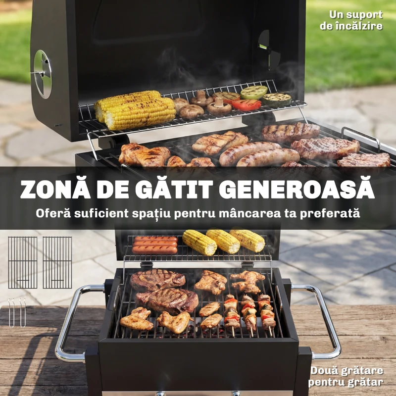Outsunny Grătar Pe Cărbuni cu Orificii de Ventilație, Sertar pentru Cenușă, Grătar Portabil cu Termometru, Grătare, Capac, Mâner din Oțel Inoxidabil, BBQ pe Cărbuni pentru Grădină Camping, Negru
