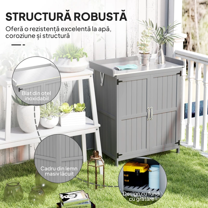 Outsunny Dulap de Grădină din Lemn de Brad, Căsuță pentru Depozitare Unelte de Exterior cu 2 Uși Blocabile, Blat Metalic și Raft, pentru Grădină, Terasă, Curte, 74x43x88 cm, Gri
