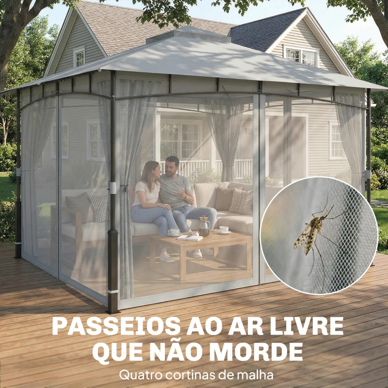 Outsunny Carpa para Jardim com Telhado Duplo Gazebo com Paredes de Rede UPF50+ para Exterior Terraço 360x300x275 cm Cinzento