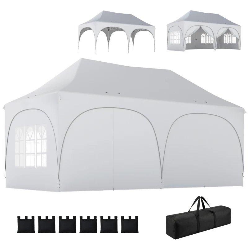 Outsunny 3 x 6m Pop Up Gazebo Shelter with Sides, 6 Sandbags, Peak Top Garden Party Tent Marquee with Carry Bag, Light Grey/White
