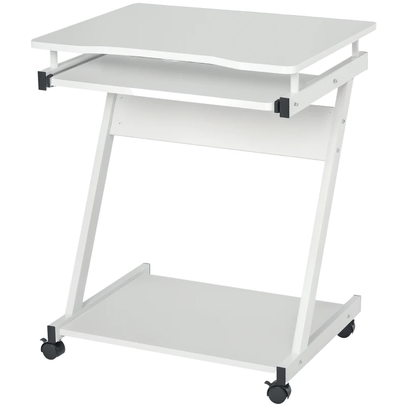 HOMCOM Mesa de Ordenador con Ruedas 60x48 cm con Bandeja Deslizante para Teclado y Estante Inferior Marco Metálico Blanco