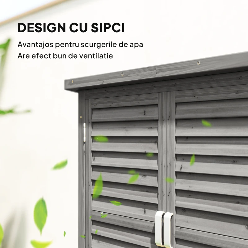 Outsunny Dulap de Grădină din Lemn de Brad cu Uși cu Obloane și 2 Polițe, 87x46,5x96,5cm, Gri