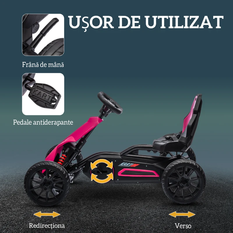 HOMCOM Go Kart cu pedale, mașină pentru copii, scaun reglabil, roz și negru