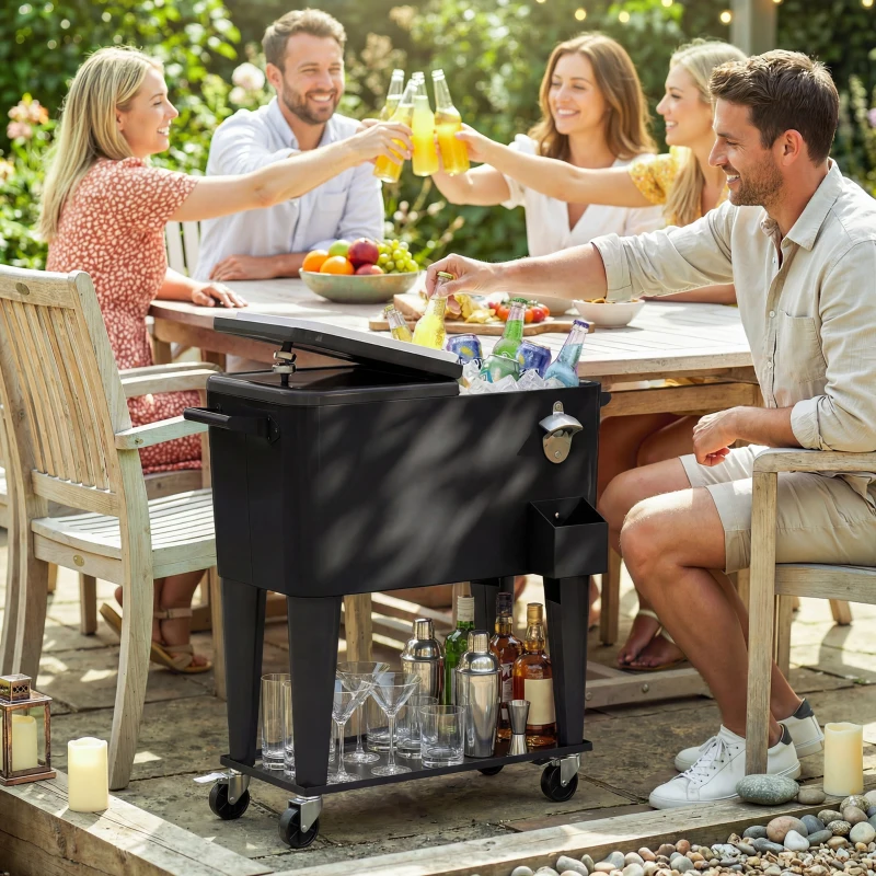 Outsunny Cărucior Frigider 76L cu raft, Deschizător de sticle și Colector de capace, din Plastic și Oțel, 91x39x84.5 cm, Negru