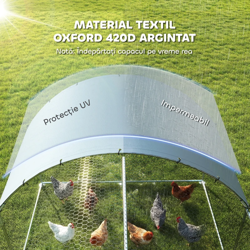 PawHut Țarc pentru Găini de Exterior, 2.8x3.4x1.9m, 9.5㎡ Țarc Metalic din Oțel Galvanizat cu Acoperiș Impermeabil Anti-UV și Încuietoare, Coteț pentru 10-16 Găini, Iepuri și Rațe