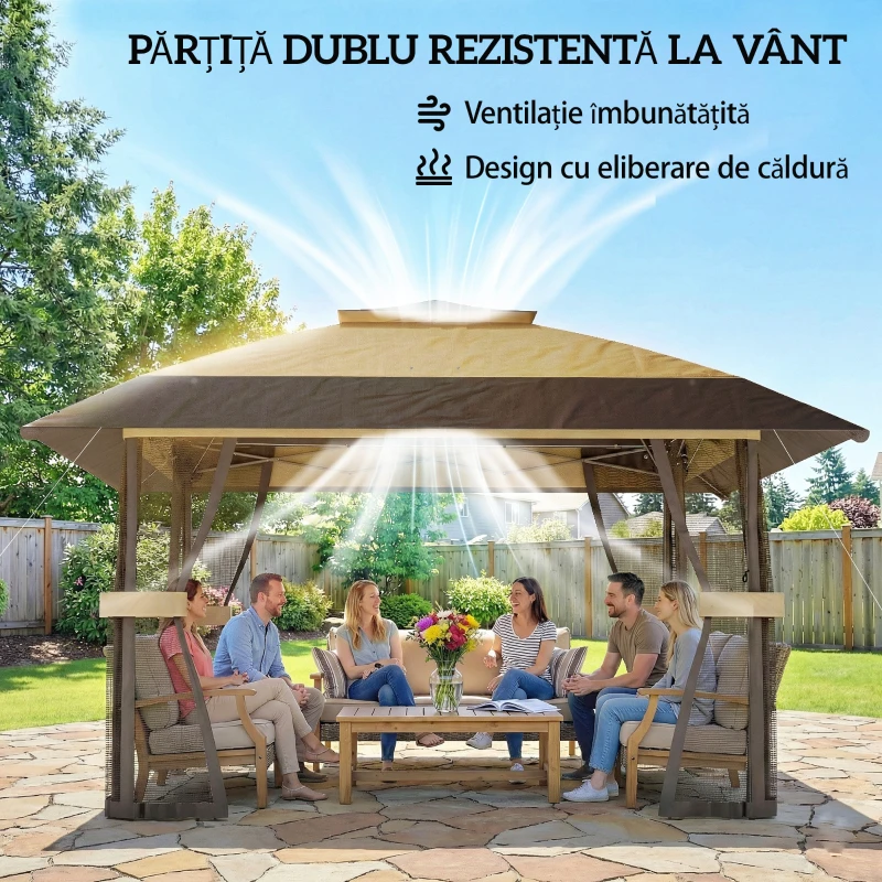 Outsunny Gazebo pliabil 4x4 m cu 4 plase laterale anti-țânțari, acoperiș dublu și saci cu nisip, culoare kaki și maro